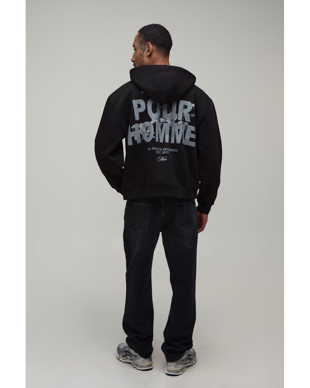 BoohooMAN Black Oversized Boxy Pour Homme Floral Zip Through Hoodie for men