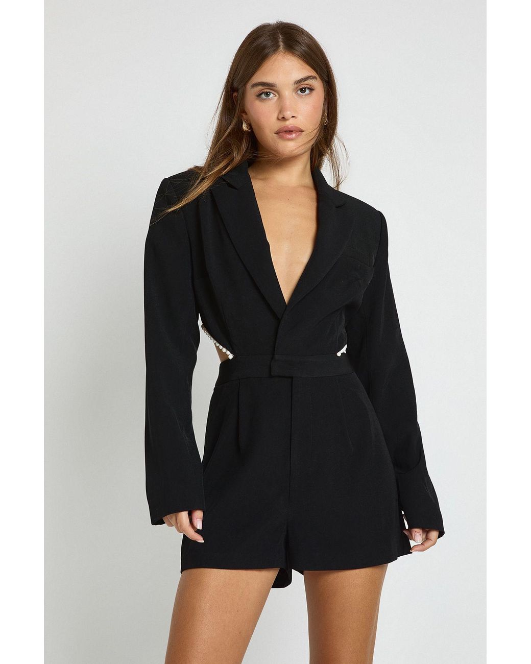 Boohoo Black Tailored Open Back Pearl Trim Playsuit