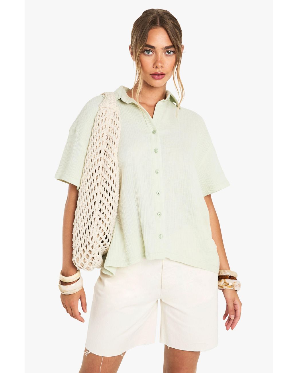 Boohoo White Crinkle Cotton Short Sleeve Shirt