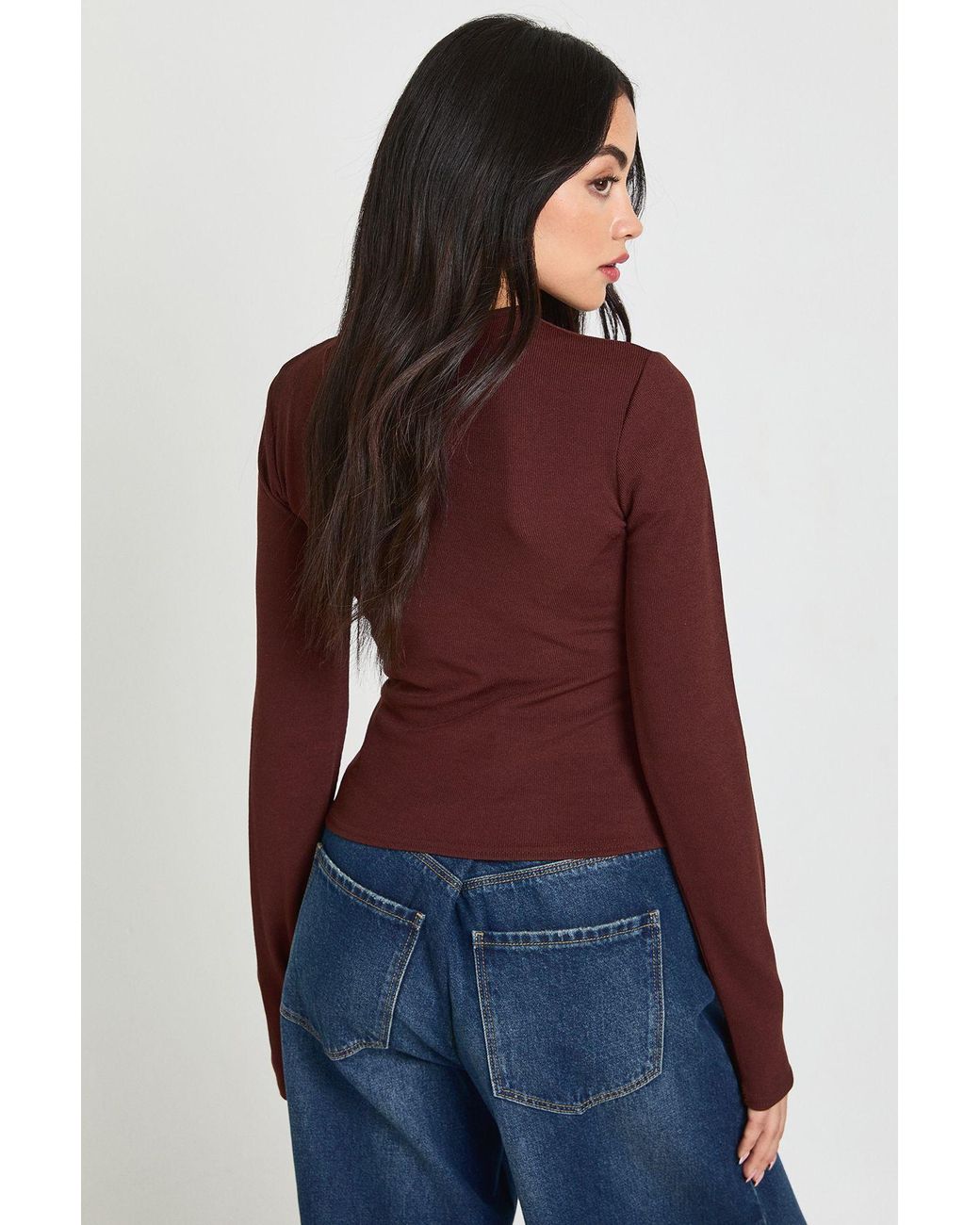 Boohoo Brown Rib Trim Detail Cut Out Long Sleeve