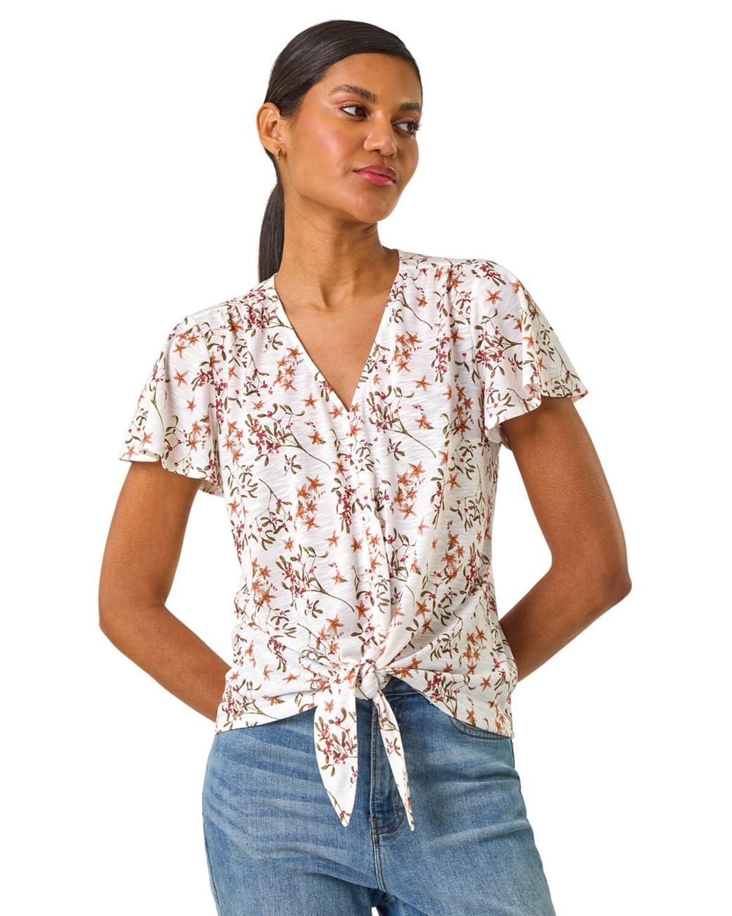 Roman White Floral Buttoned Tie Hem Top