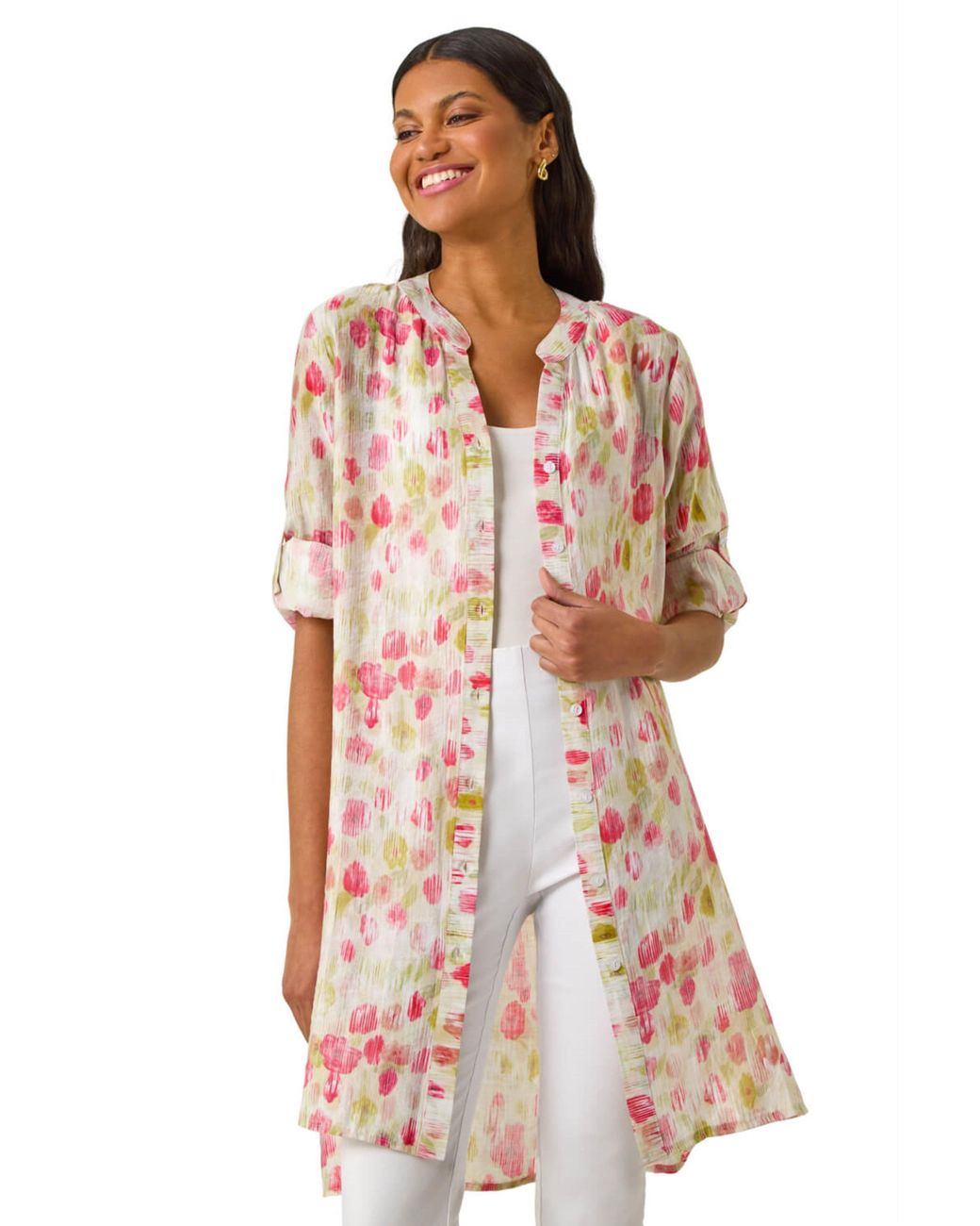 Roman Pink Floral Print Longline Blouse