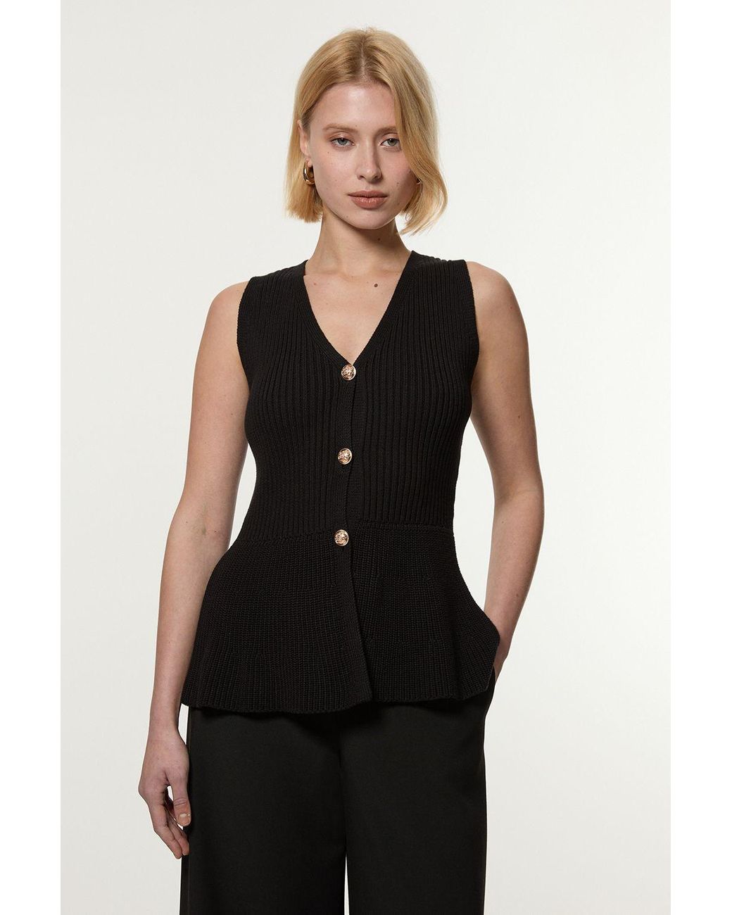 Karen Millen Black Ribbed Cotton Knitted Waistcoat