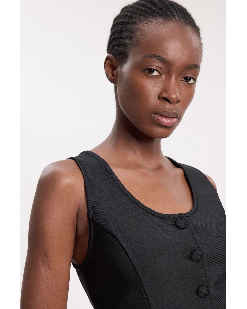 Karen Millen Black Bandage Button Detail Scoop Neck Top