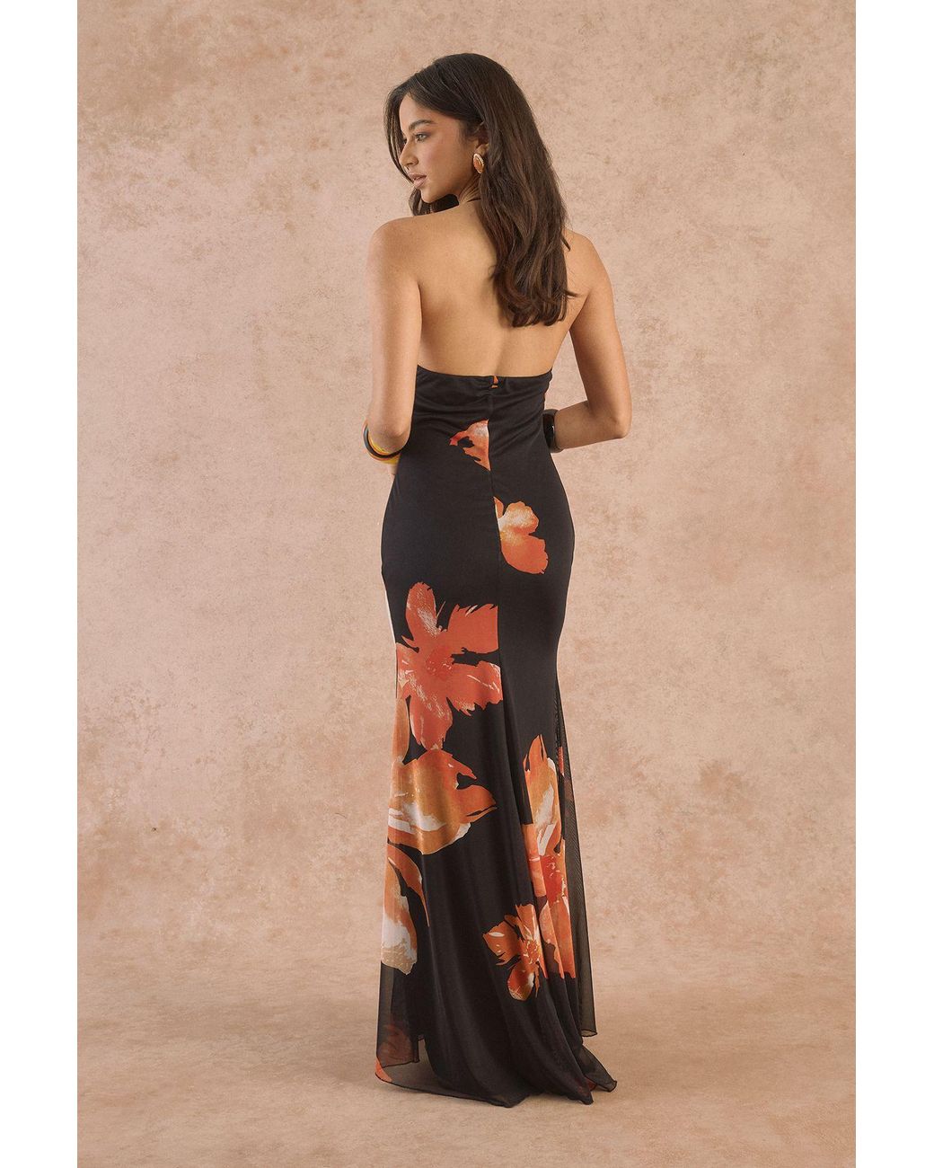 Boohoo Natural Printed Puddle Hem Maxi Dress Elastane