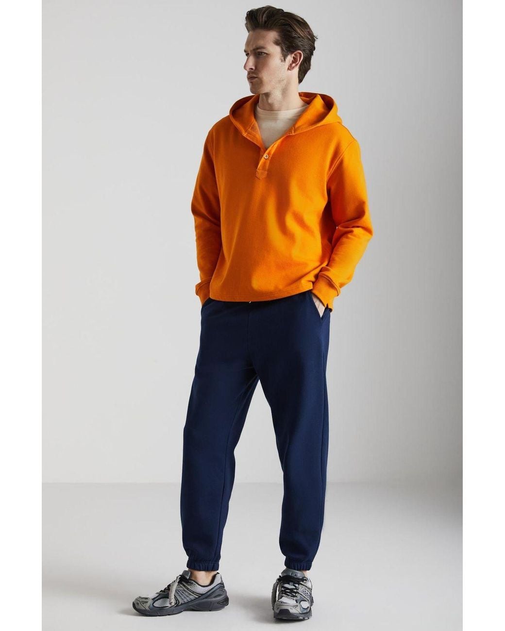 Grimelange Orange Button Hooded Sweatshirt for men