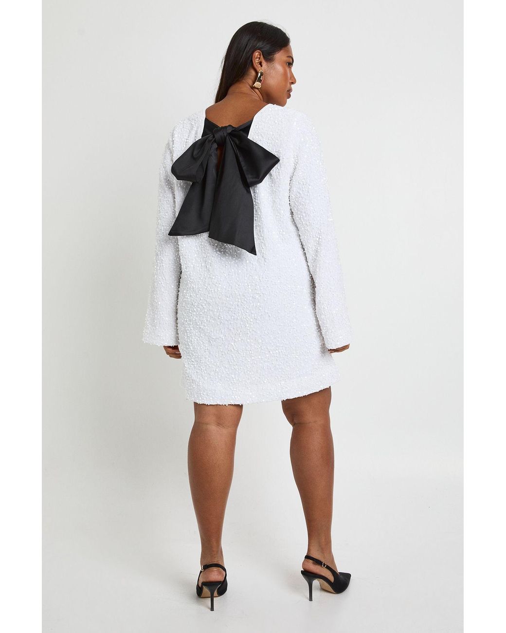 Boohoo White Plus Sequin Velvet Bow Back Shift Dress