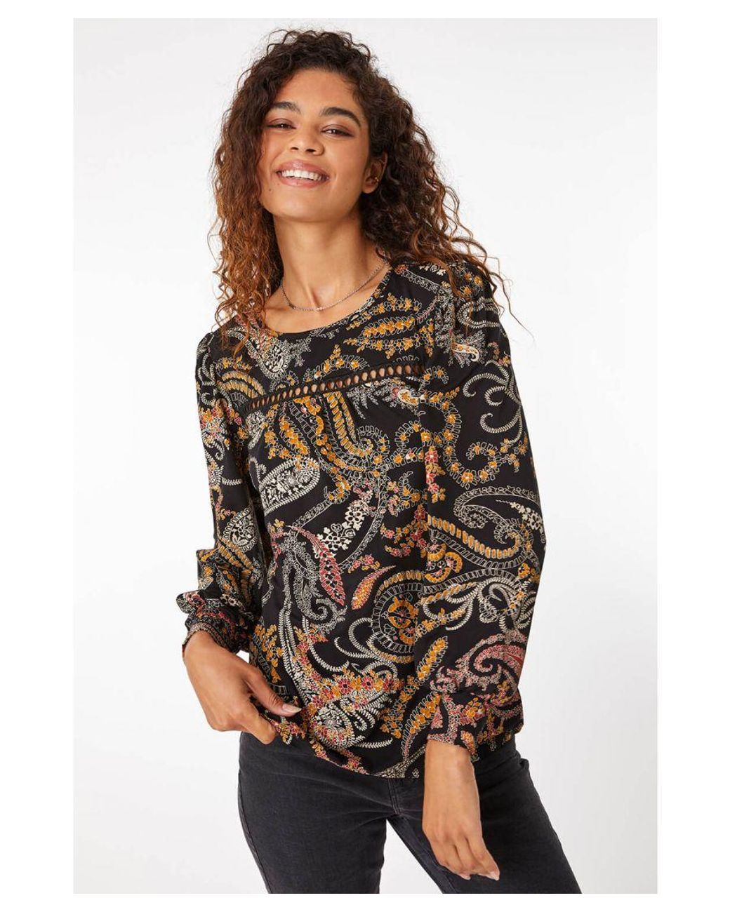 Roman Black Paisley Lace Trim Top