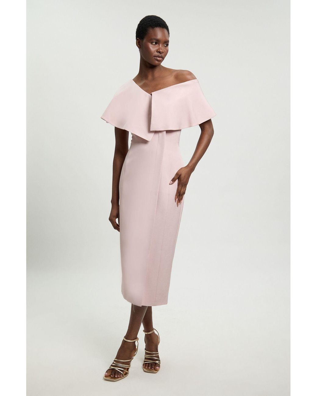 Karen Millen Pink Polished Linen Blend Asymmetric Fold Detail Tailored Midi Pencil Dress