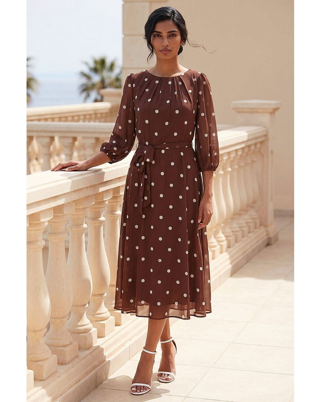 Roman Brown Spot Print Chiffon Pleated Midi Dress
