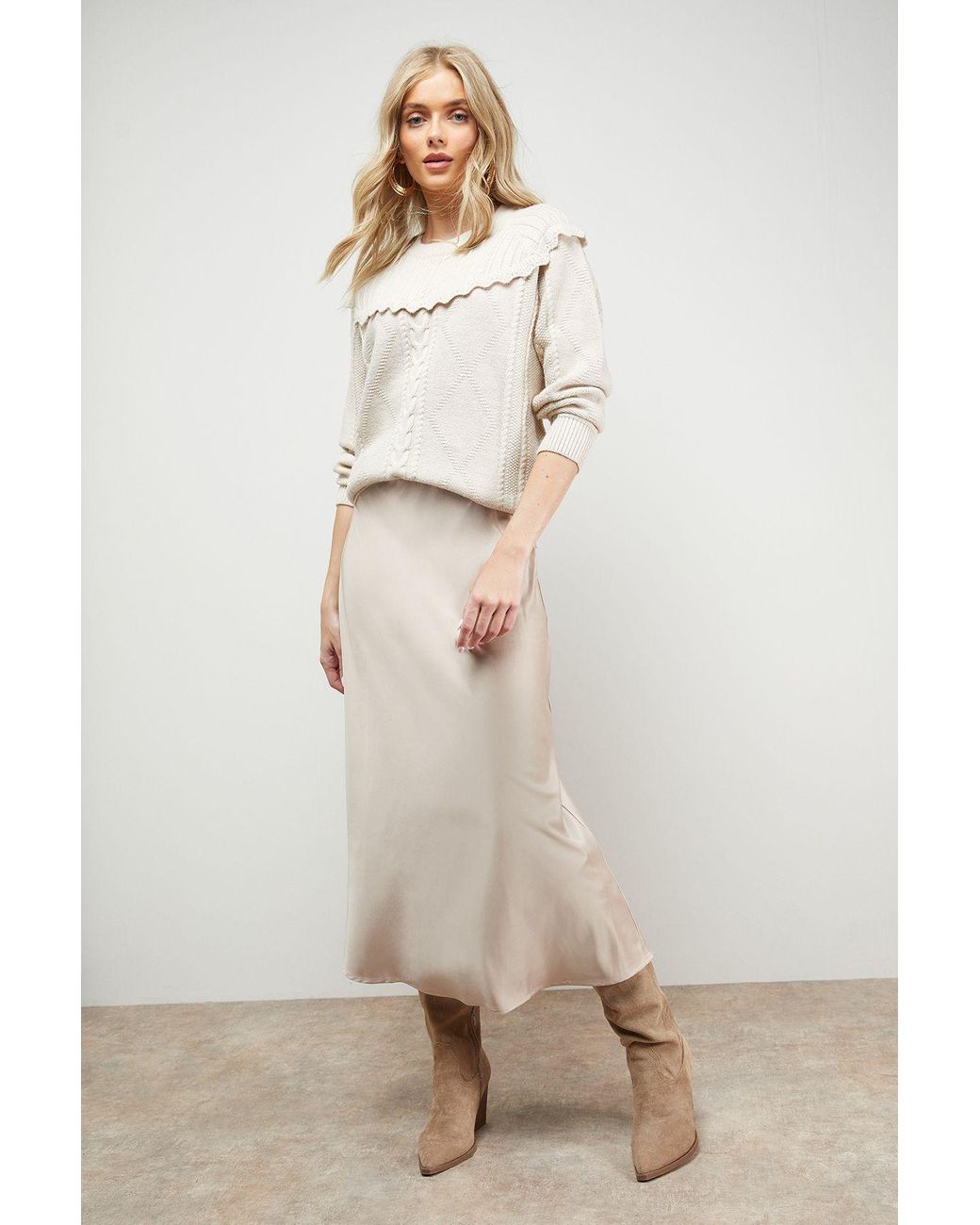 Oasis Natural Bias Cut Satin Midi Skirt