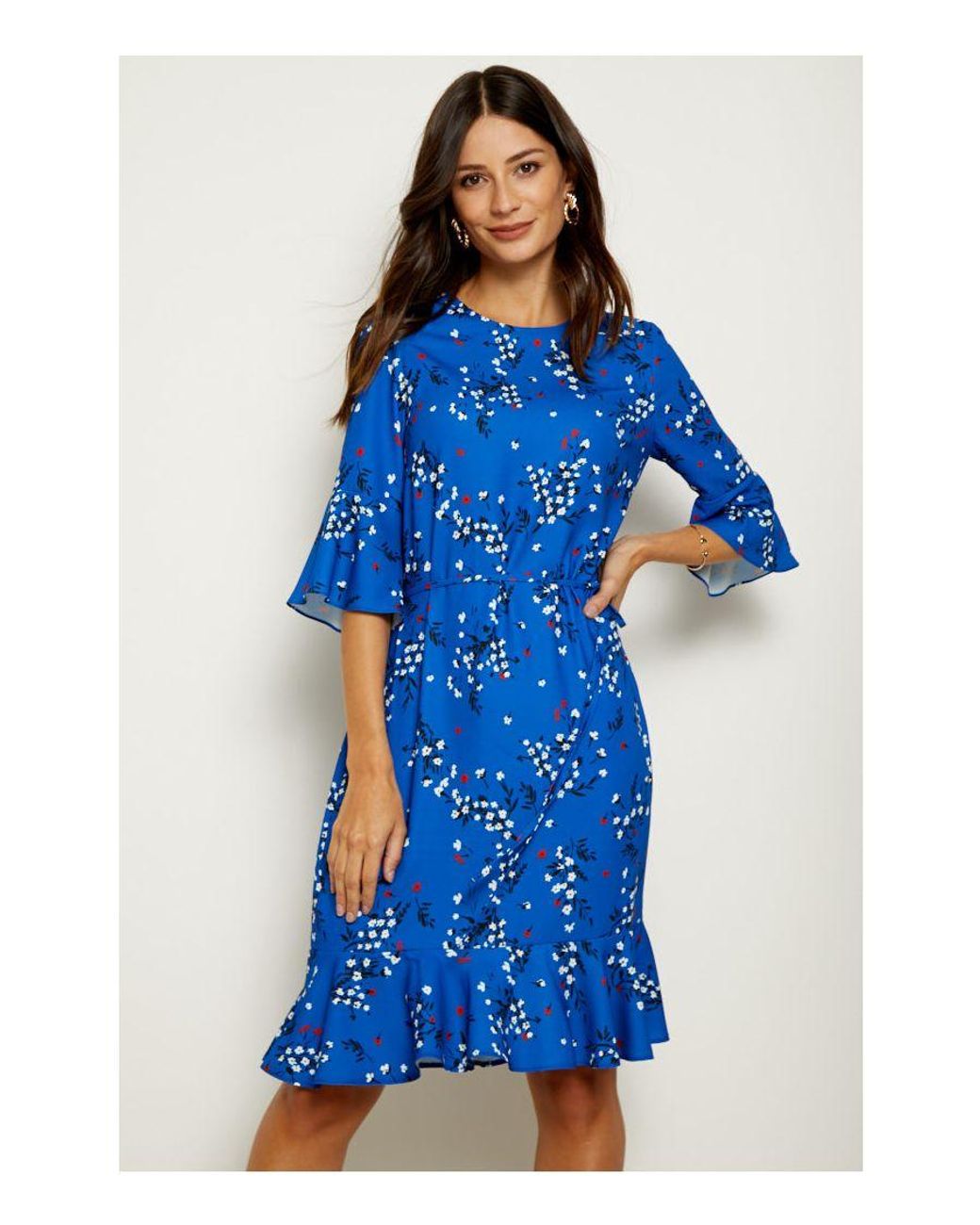 Sosandar Blue Floral Print Ruffle Hem Dress