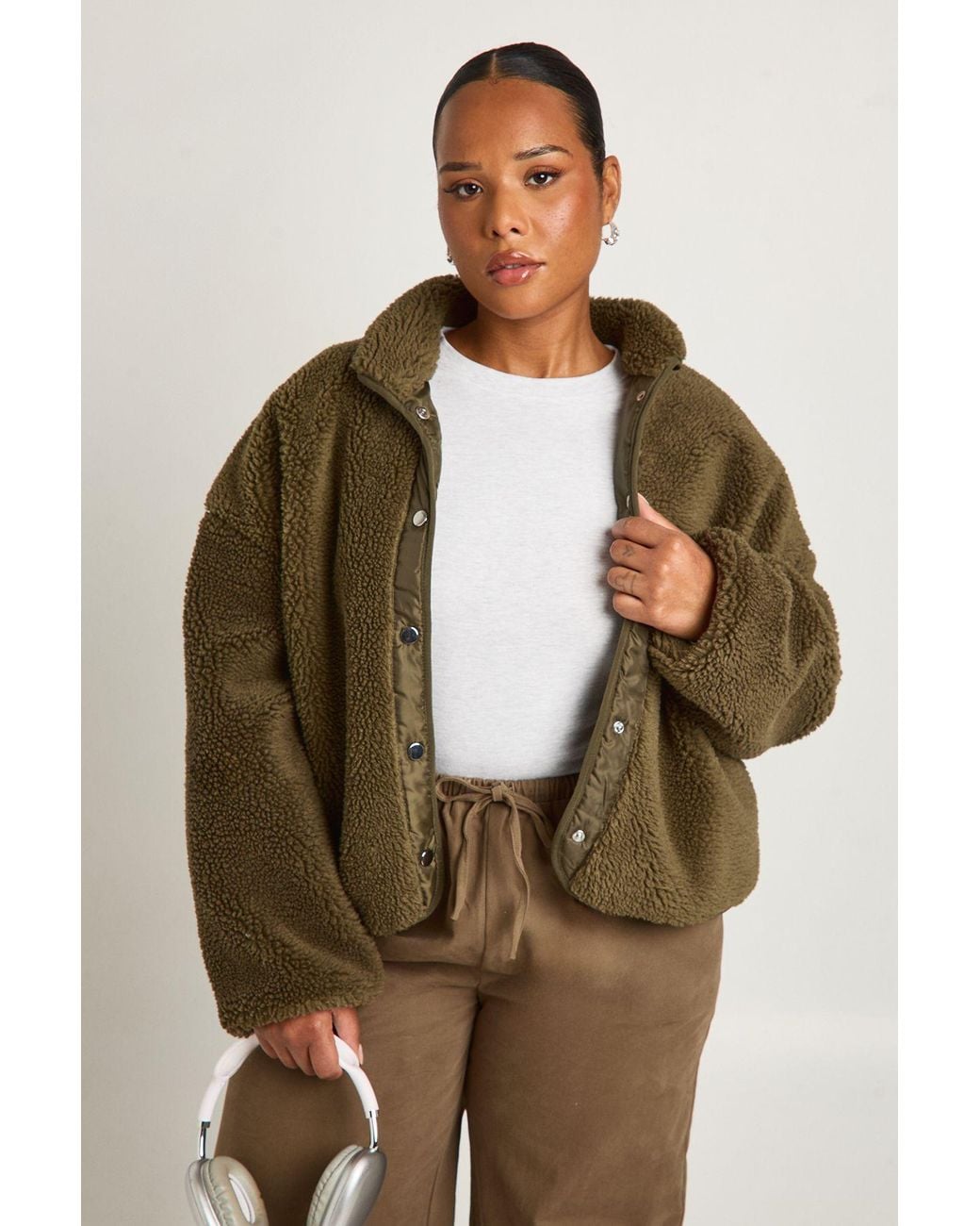 Boohoo Brown Plus Teddy Fur Jacket