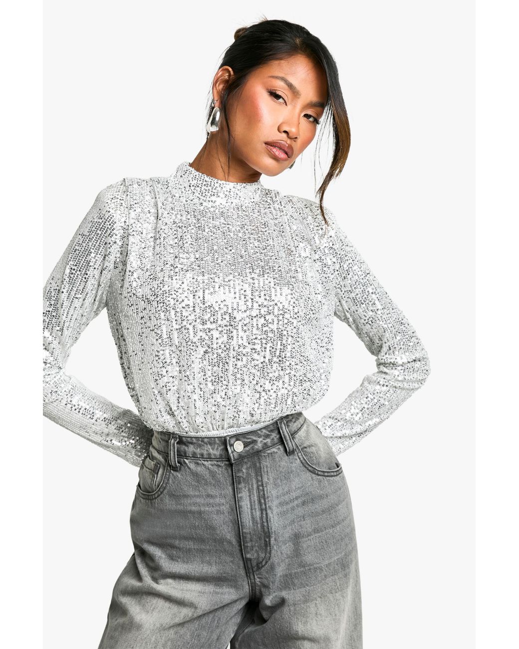 Boohoo Gray High Neck Sequin Bodysuit