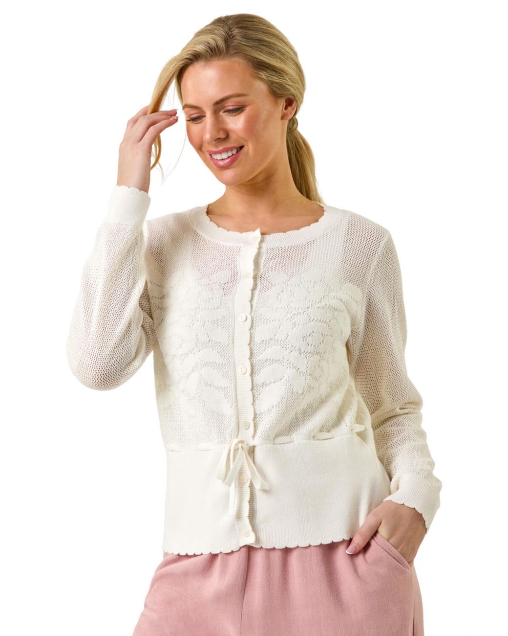 Roman White Petite Floral Button Up Cardigan