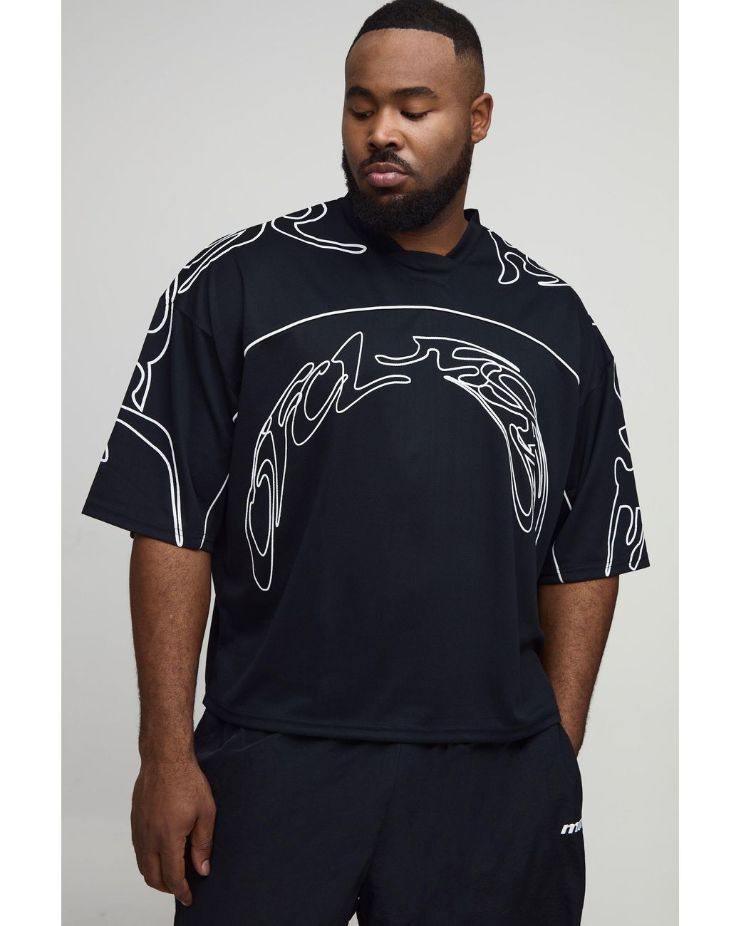 BoohooMAN Blue Plus Oversized Boxy V-Neck Baseball Graffiti Print Sports Top for men