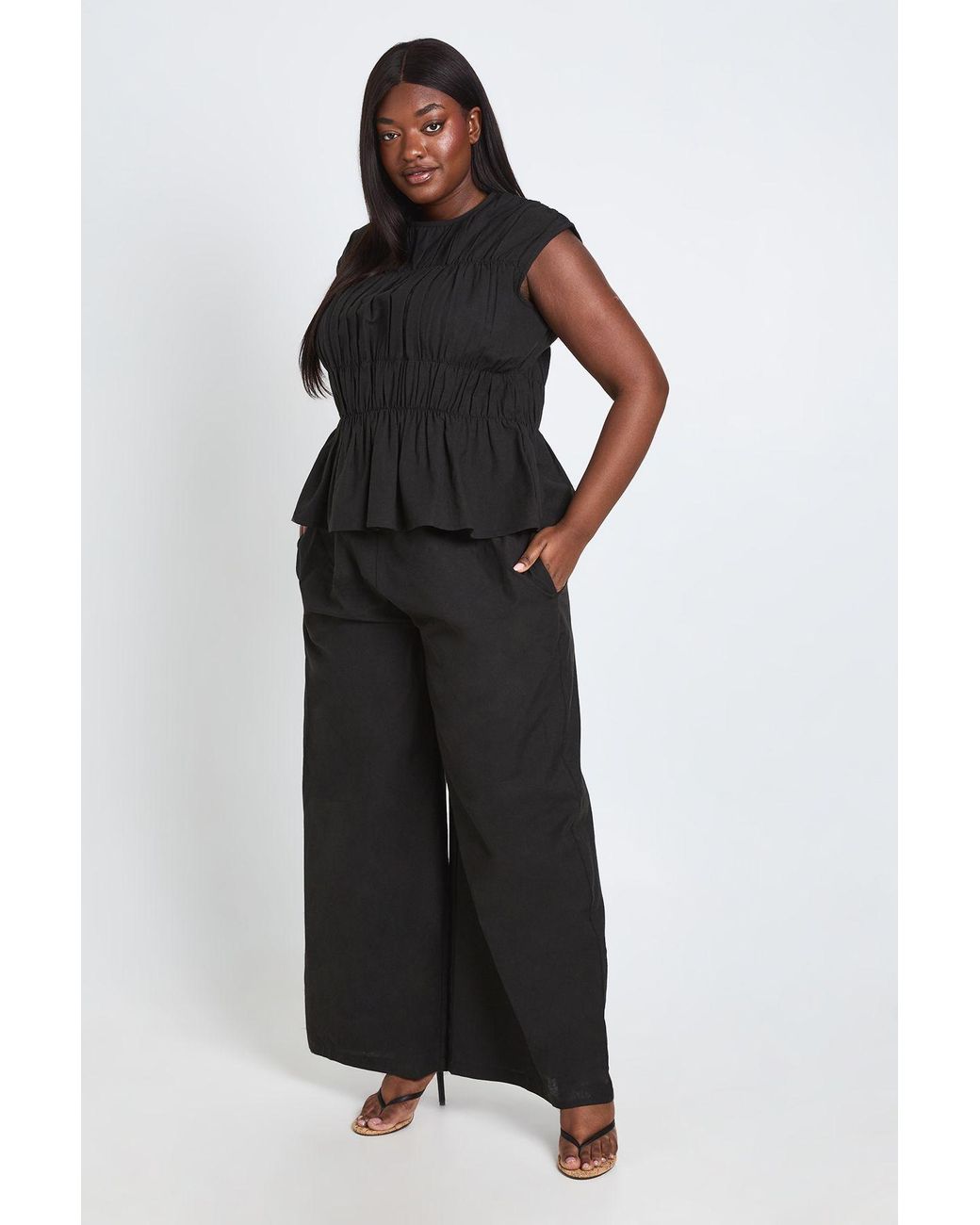 Boohoo Black Plus Shirred High Neck Top And Wide Leg Trouser Set