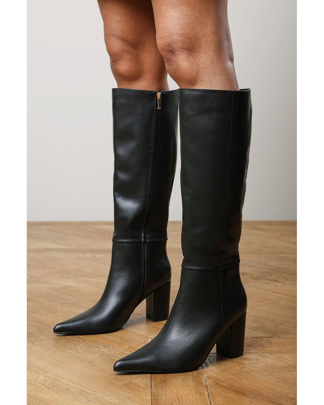 Where's That From Black Evixa Wide Fit Knee High Pointed Toe Block Heel Boot