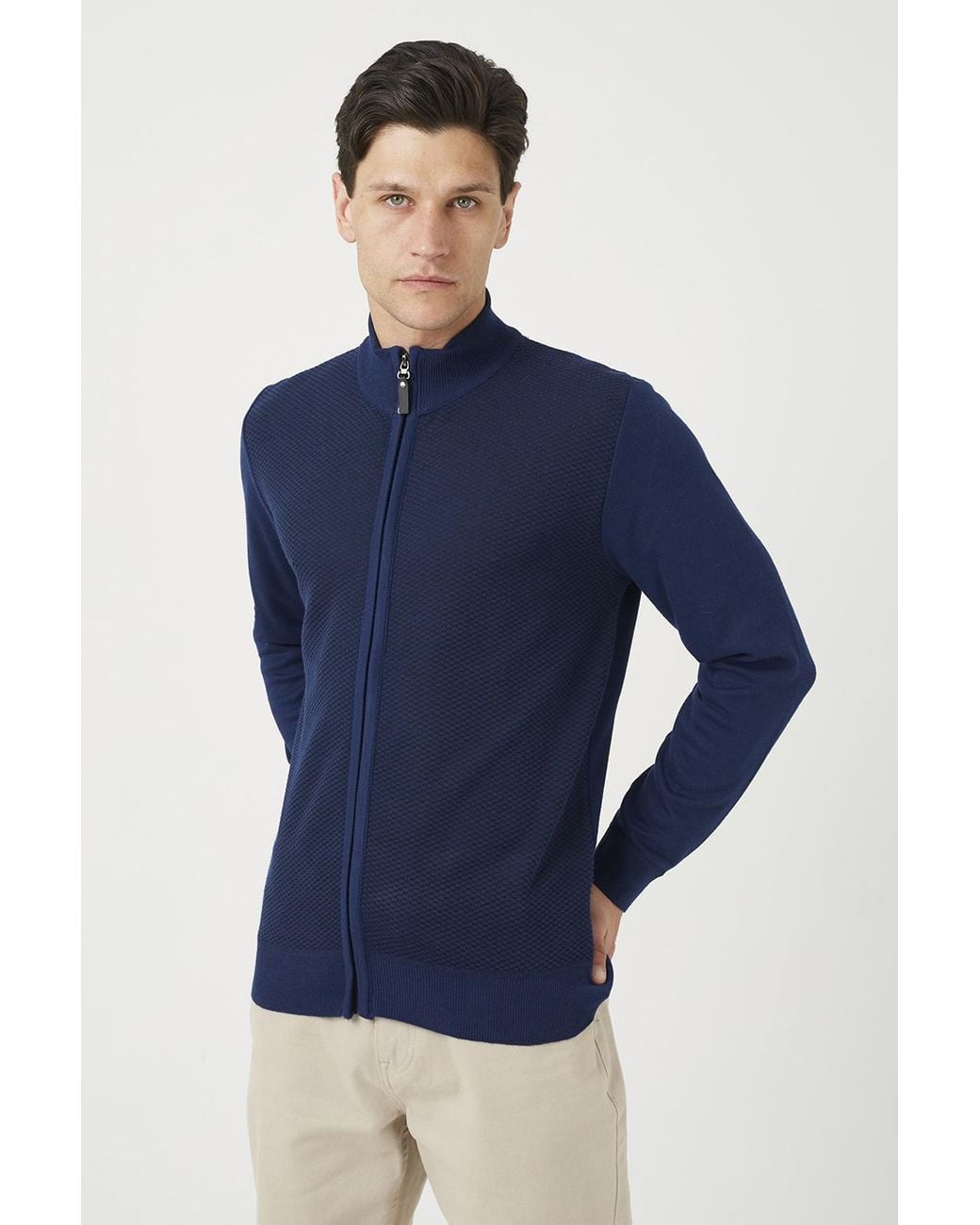 Brave Soul Blue Dark Funnel Neck Zip Through Knitted Cardigan for men