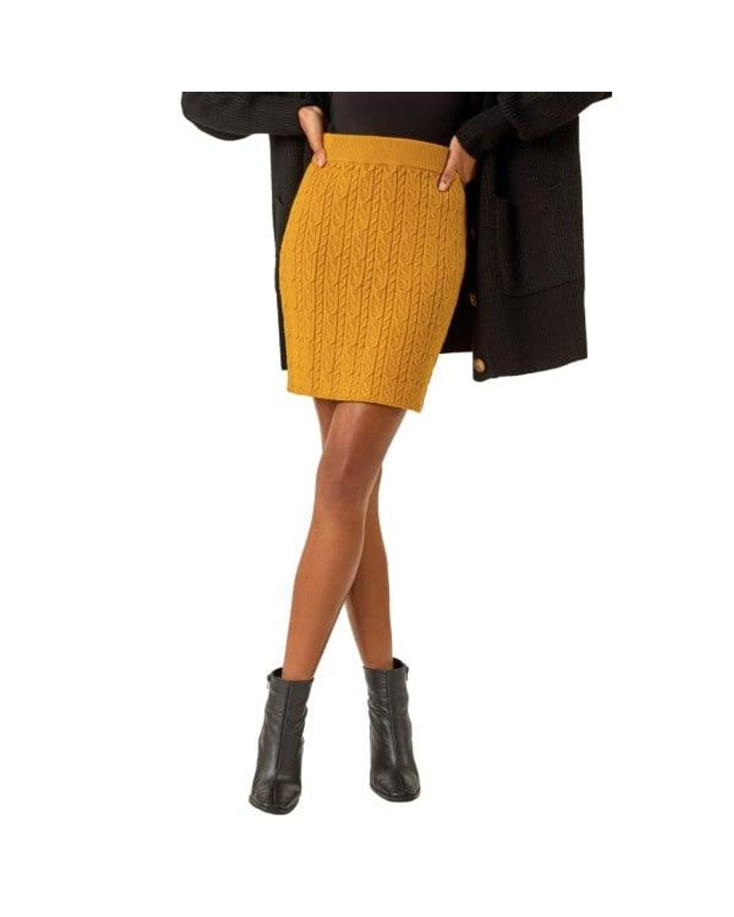 Roman Yellow Cable Knitted Elastic Waist Skirt