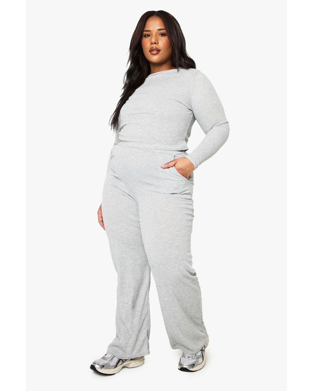 Boohoo Plus Rib Top Trouser Lounge Set in White Lyst UK