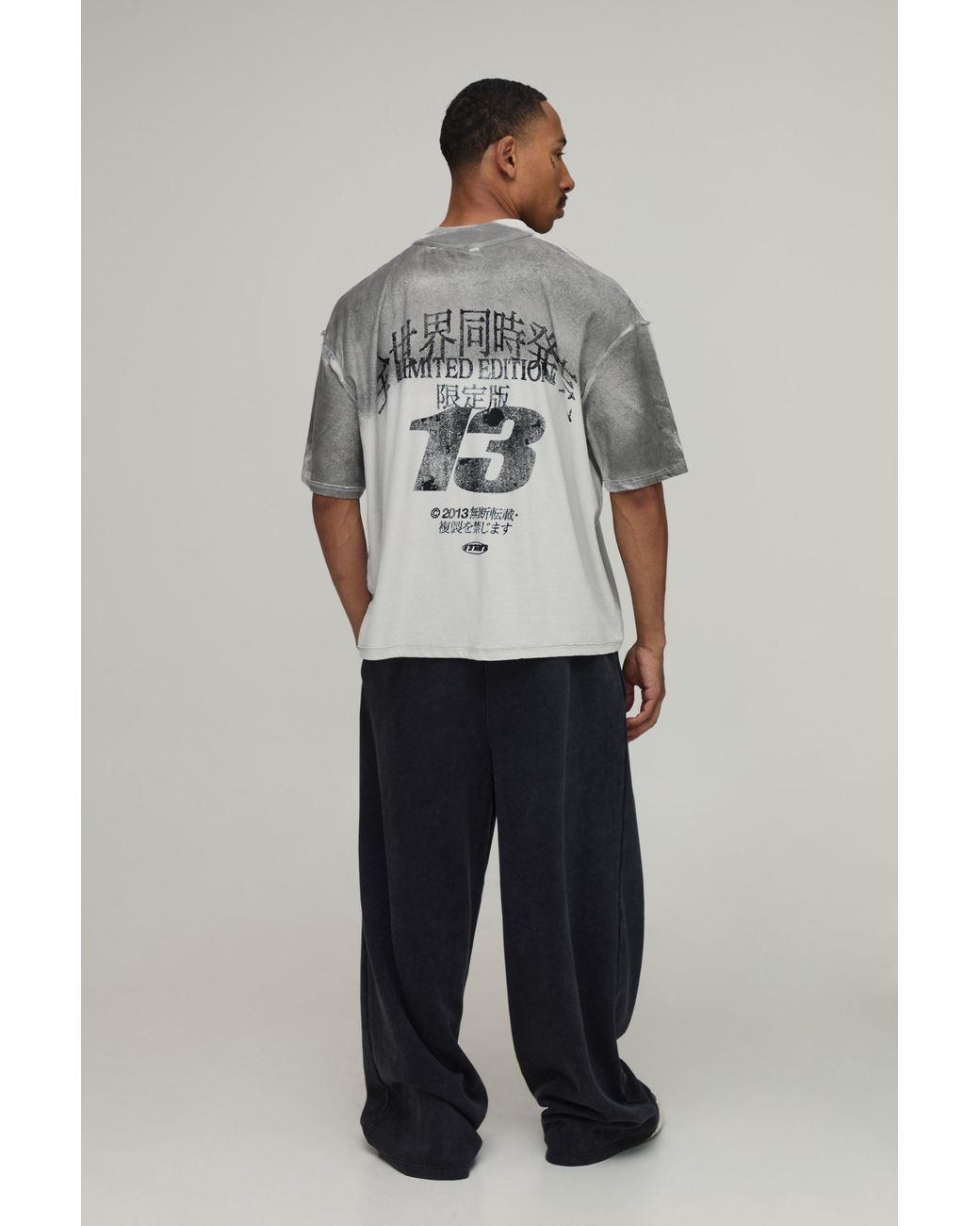 BoohooMAN Gray Oversized Boxy Spray Wash Varsity Exposed Seam T-Shirt Cotton for men