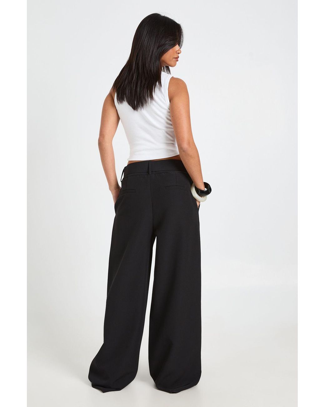 Boohoo Black Petite Self Fabric Belted Wide Leg Trouser