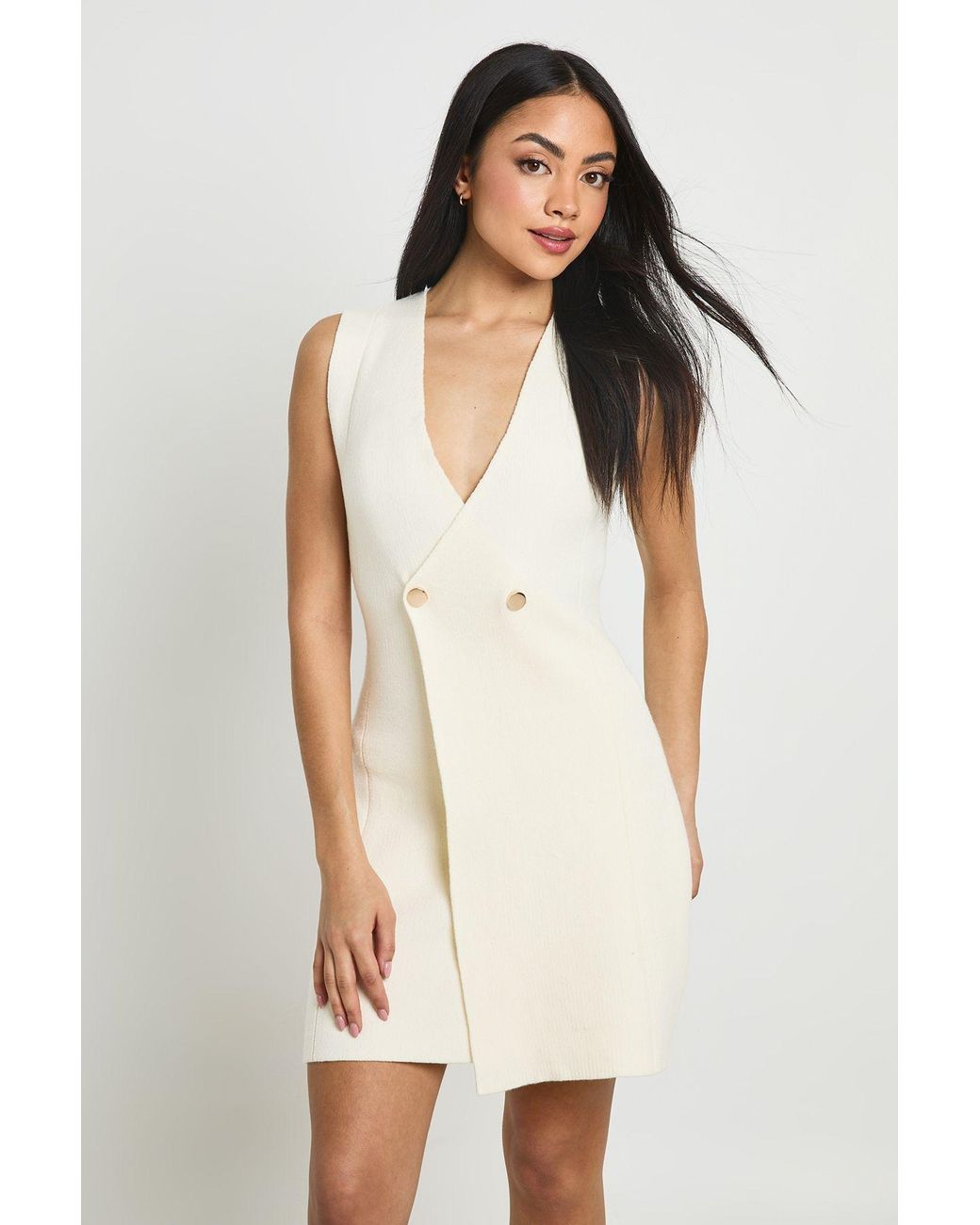 Boohoo White Short Sleeve Button Knitted Mini Dress