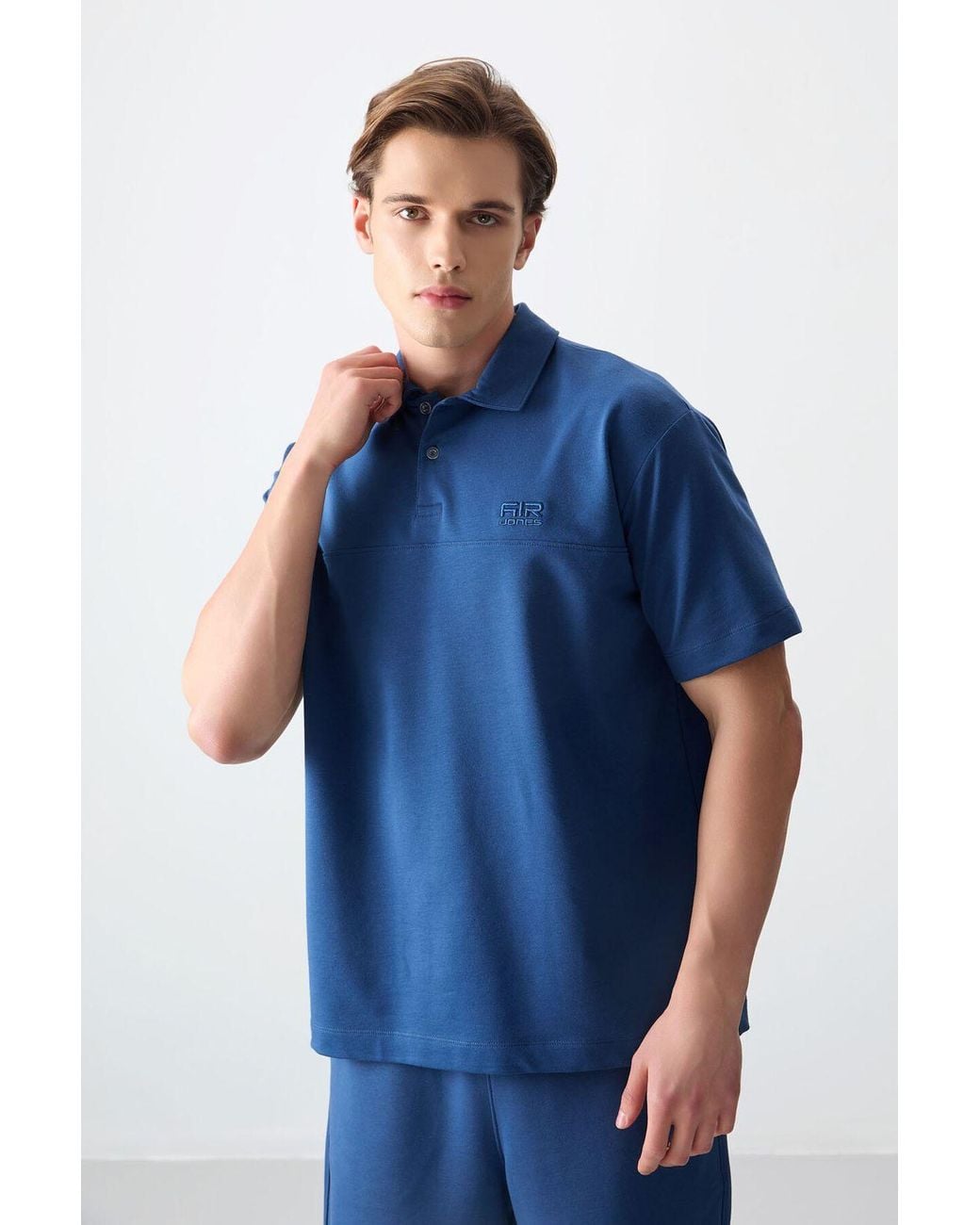 TOMMY LIFE Blue Oversized Polo Collar T-Shirt for men