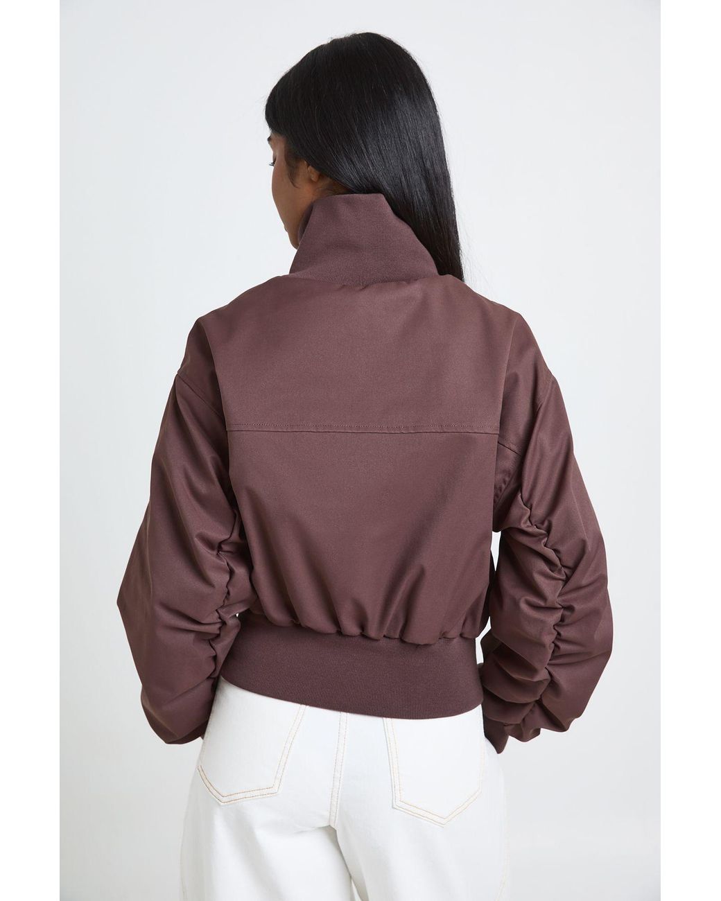 Boohoo Brown Petite Ribbed Funnel Neck Bomber Jacket