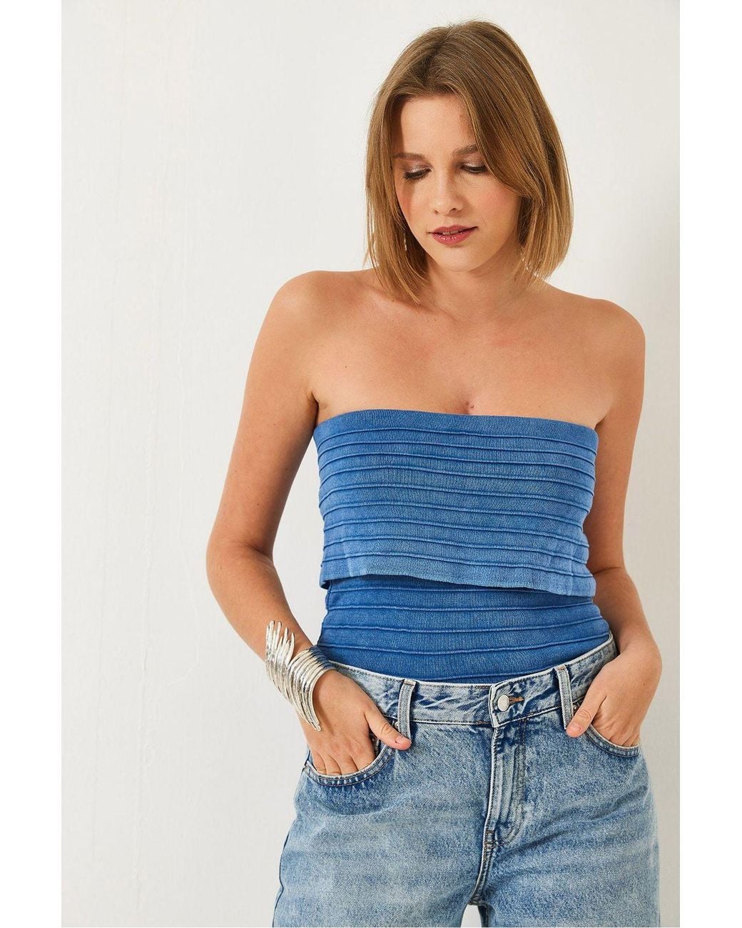 Bianco Lucci Blue Textured Strapless Ribbed Crop Top