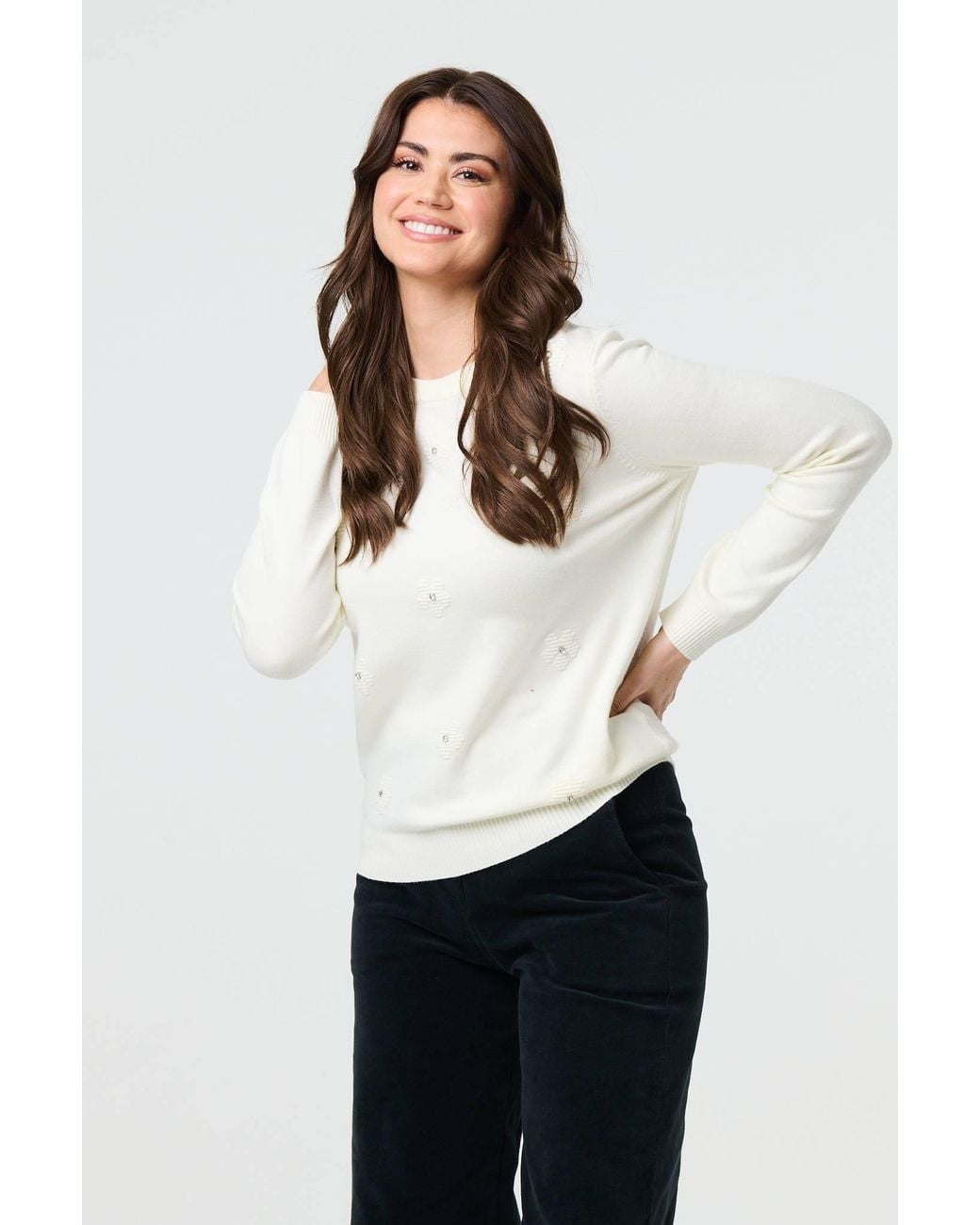 Izabel London White Floral Gemstone Embellished Jumper