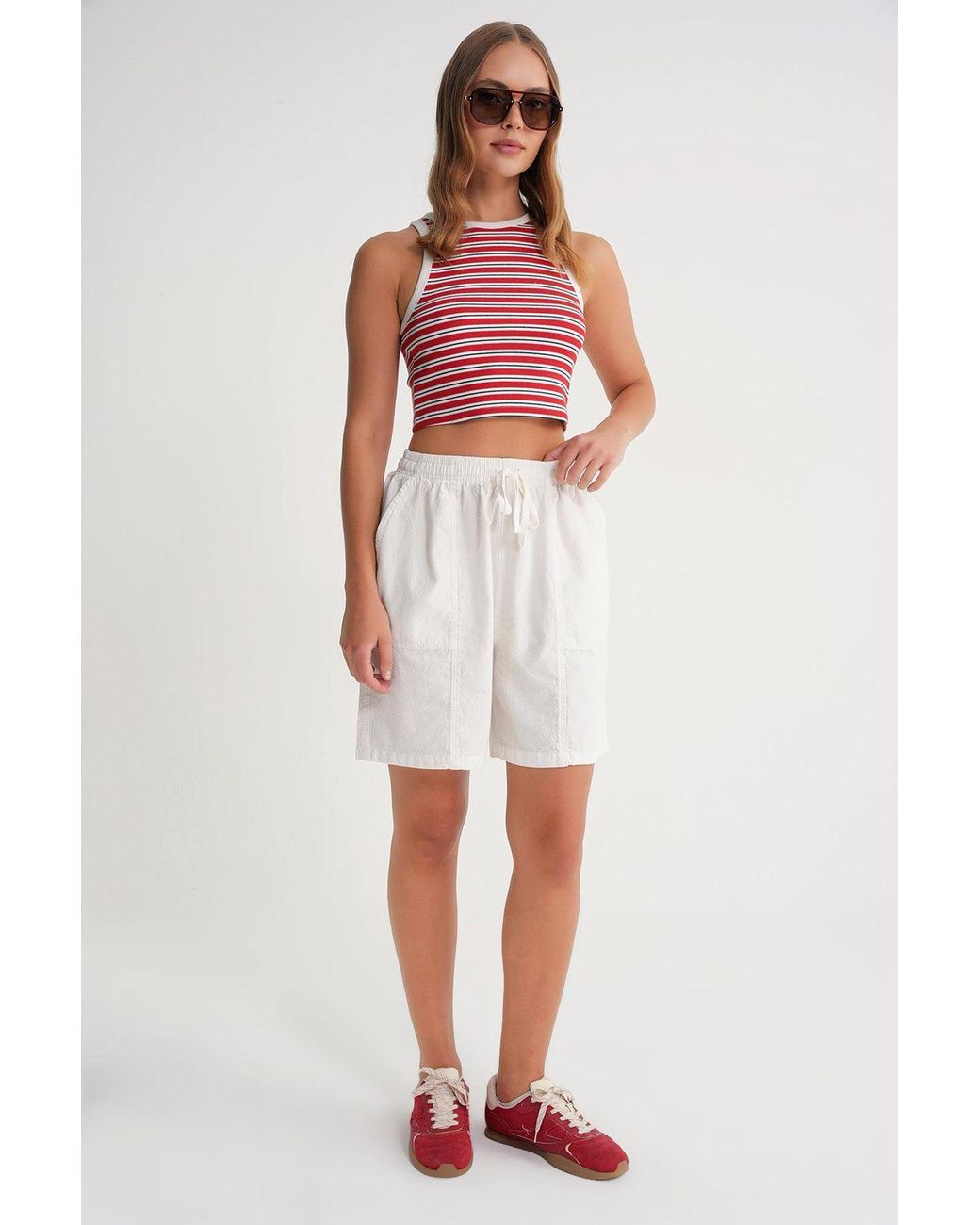 MixRay Red High Waist Cotton Drawstring Mini Shorts