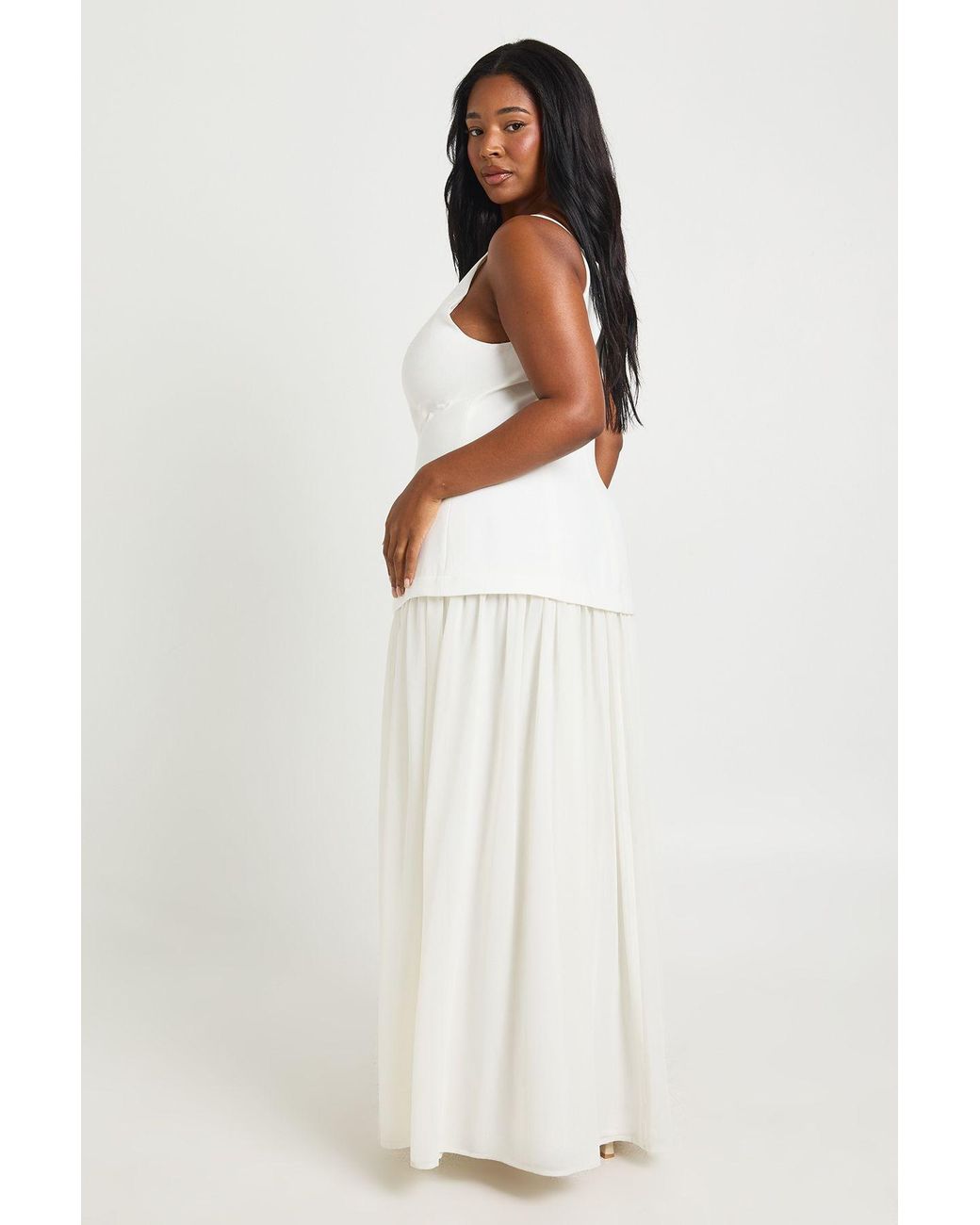Boohoo White Plus Crepe Sleeveless Dress With Chiffon Skirt