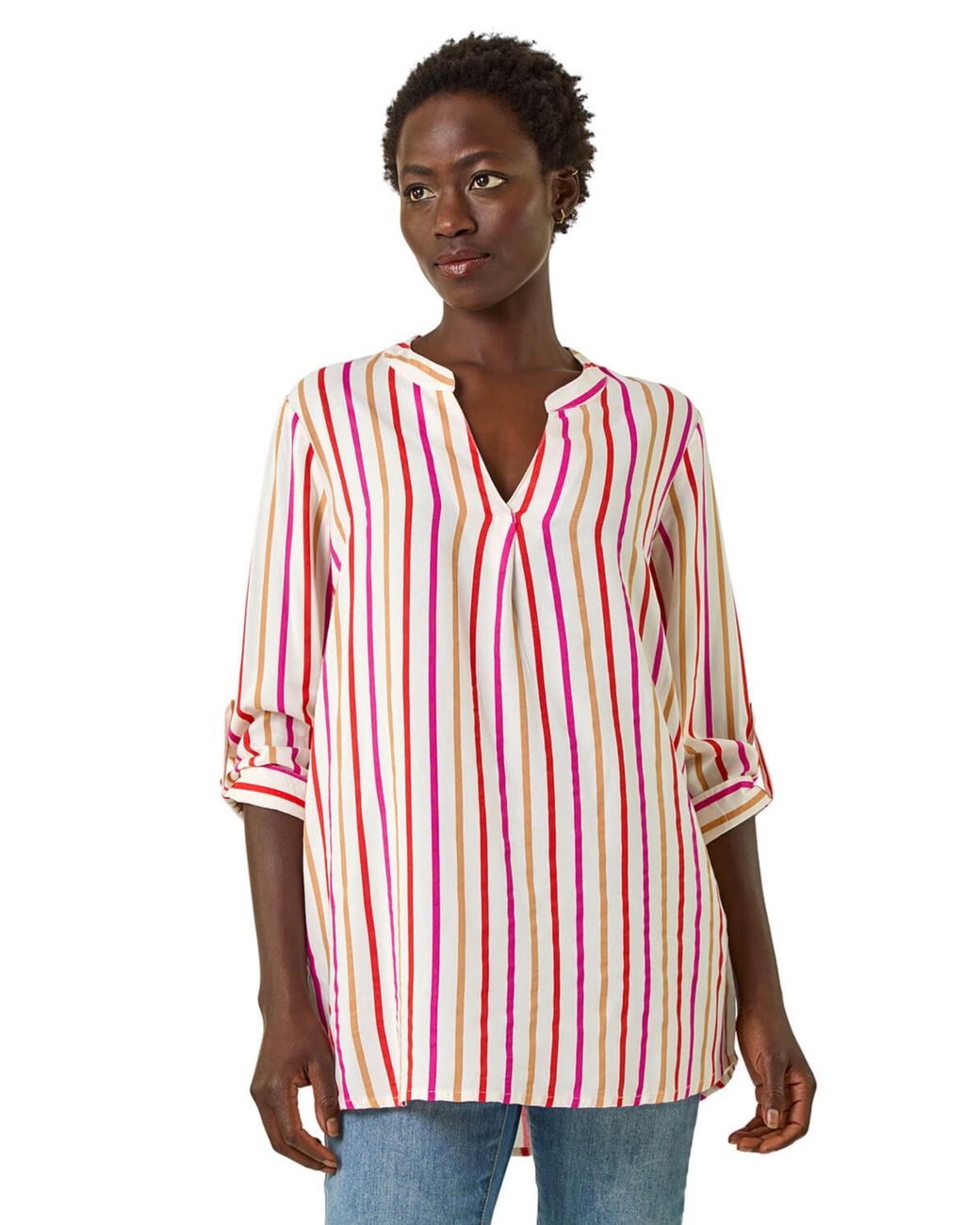 Roman Red Vertical Stripe Pleat Detail Top