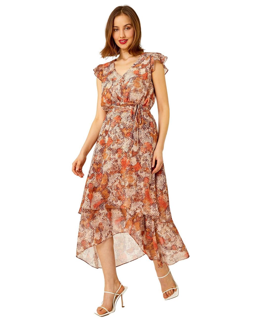 Roman Pink Snake Print Tiered Midi Dress