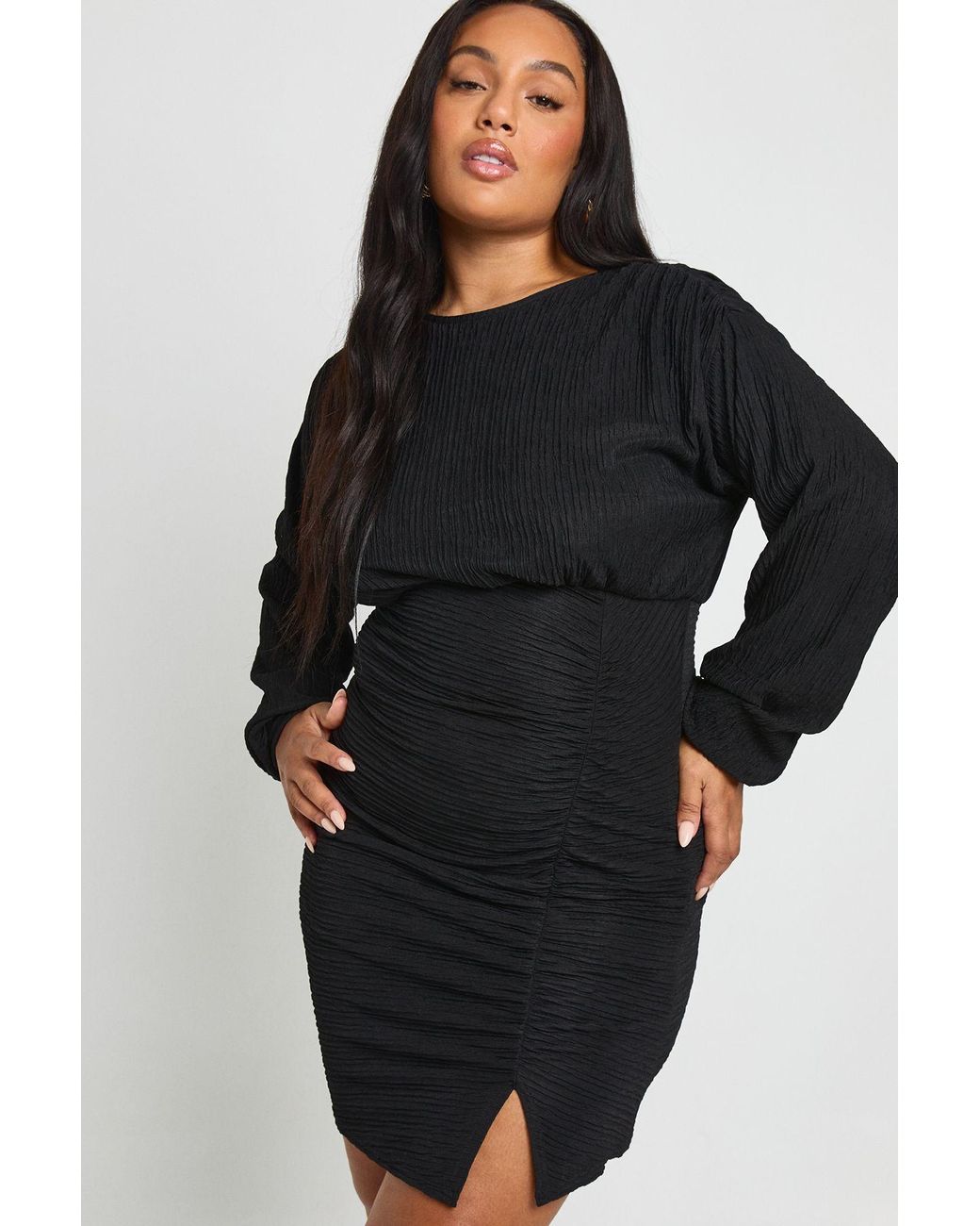Boohoo Black Plus Crinkle Textured Ruched Long Sleeve Mini Dress