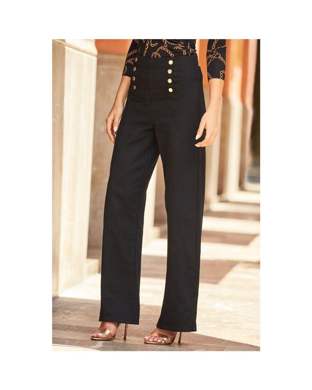Sosandar Black High Waist Button Detail Jeans
