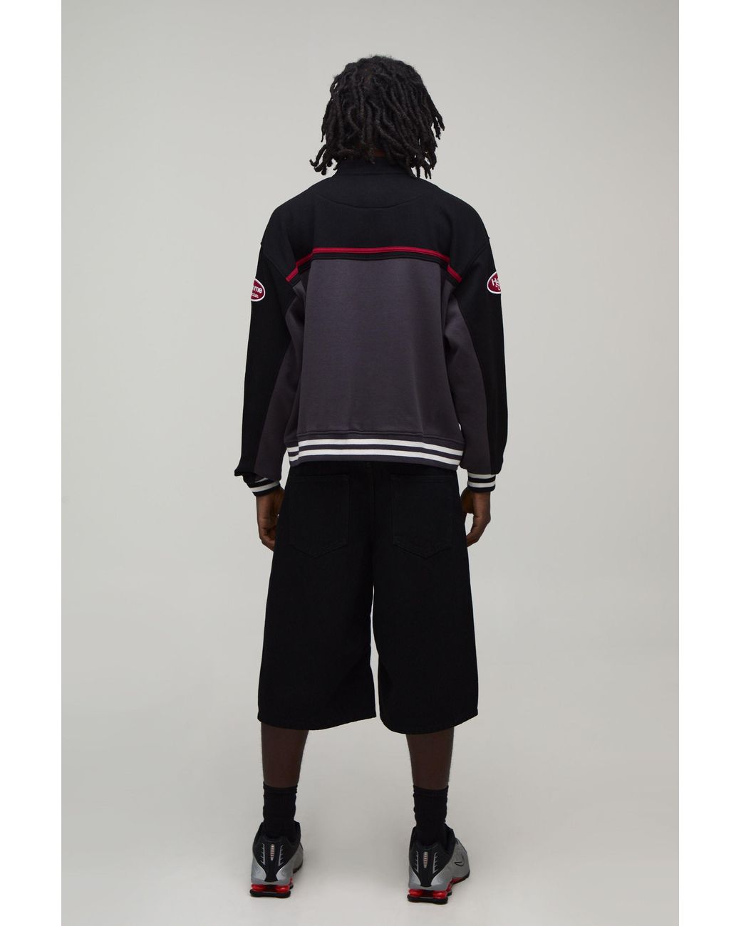 BoohooMAN Black Boxy Fit Biker Neck Colour Block Moto Jersey Jacket for men