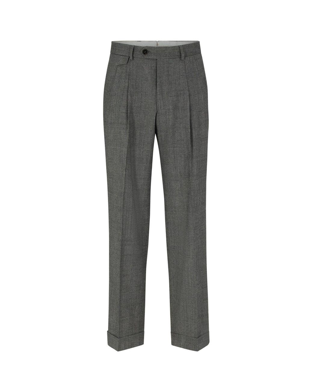 Boss Gray Peet Pleat Solid Patterned Cuffed Trousers for men
