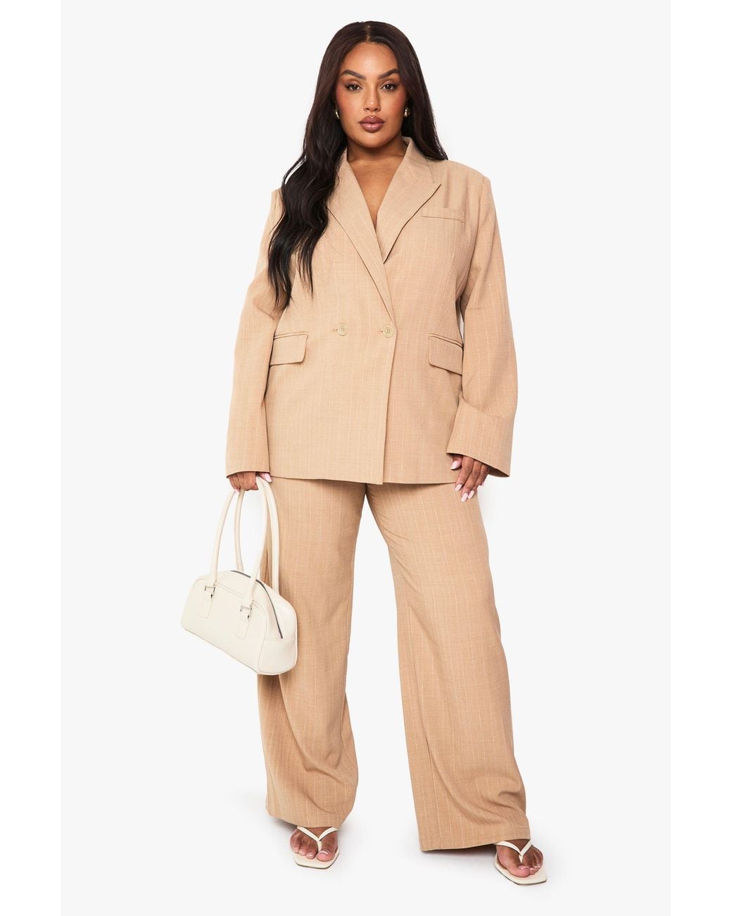 Boohoo Natural Plus Tailored Pin Stripe Elasticated Wide Leg Trouser