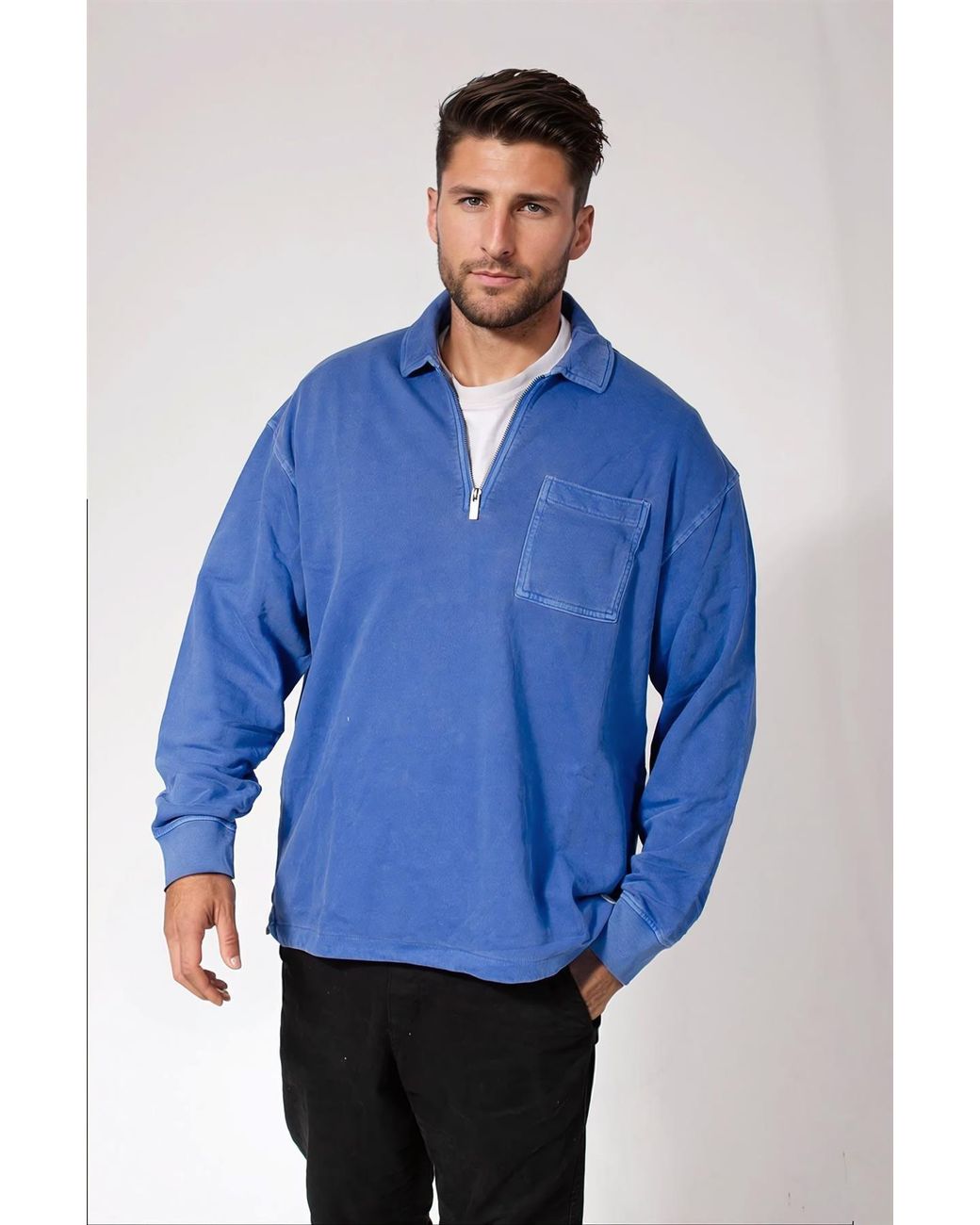 Secret Label Blue Oversized Zip Neck Casual Top for men