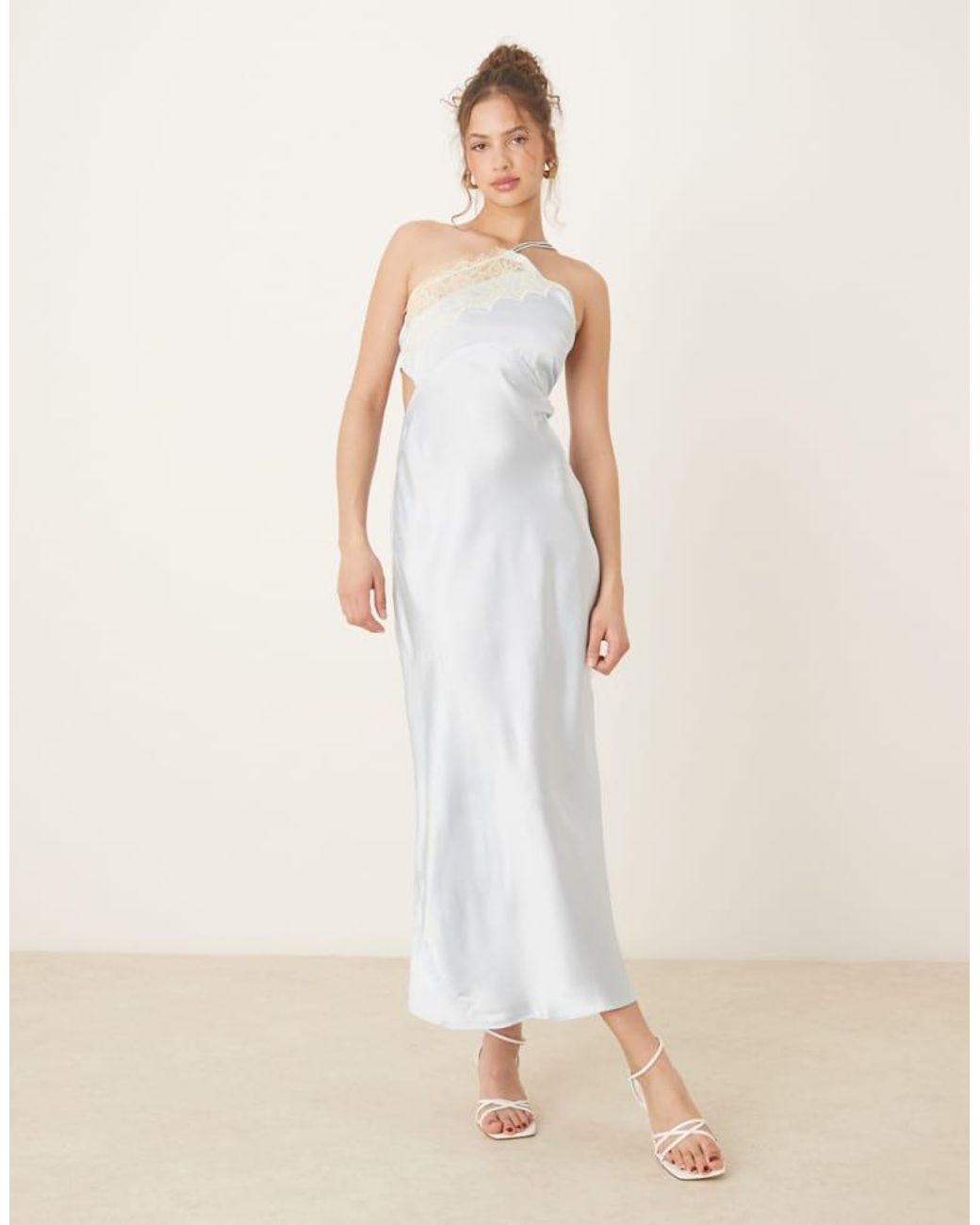 ASOS Natural Asymmetric Strappy Lace Slip Midi Dress