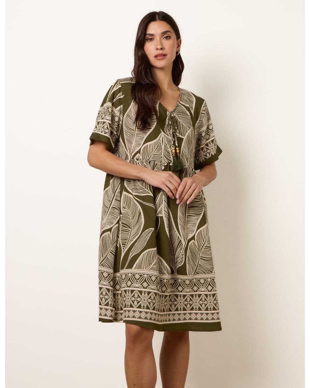 Blue Vanilla Natural Dress With Tropical Leaf Print