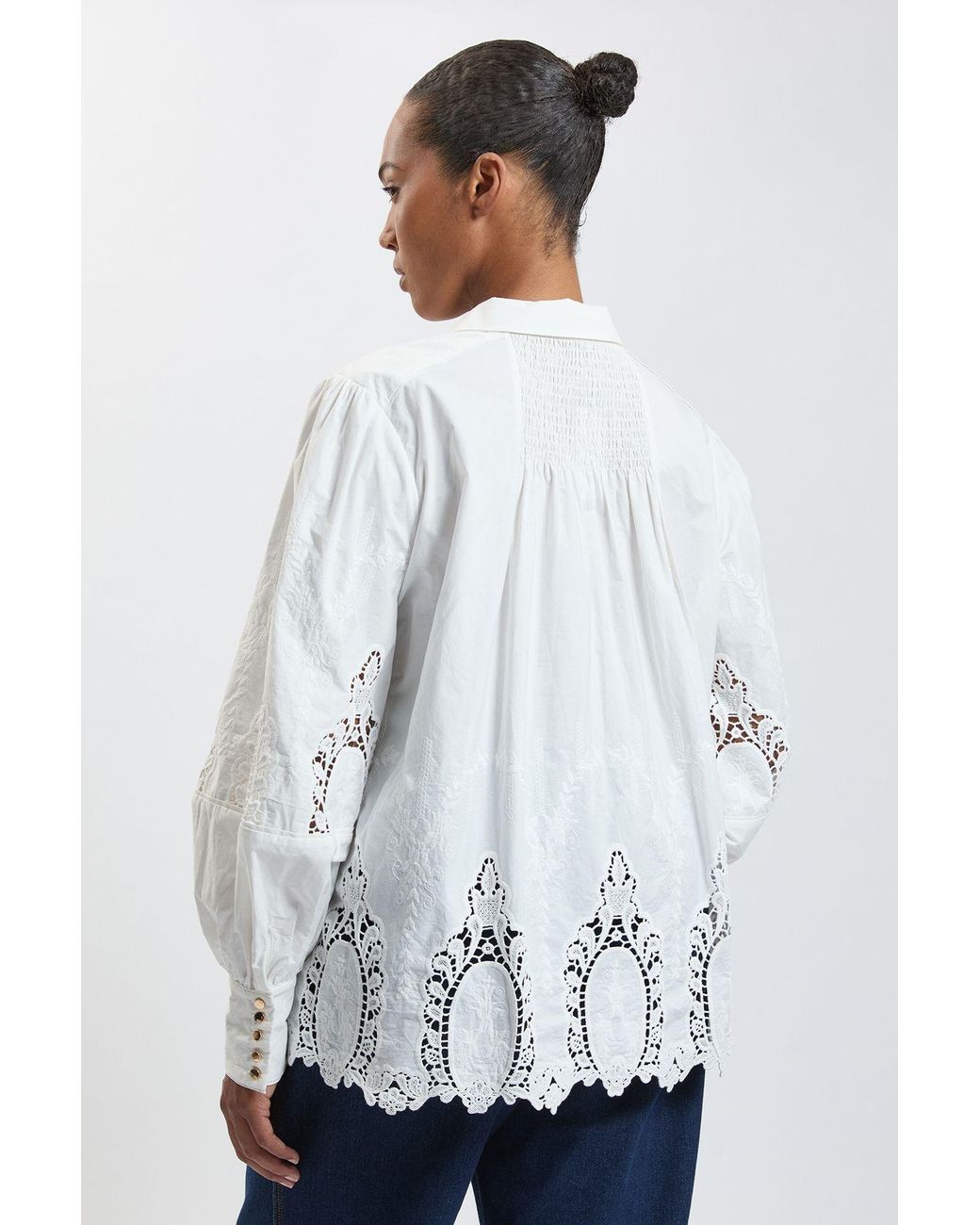 Karen Millen White Plus Size Cotton Cutwork Balloon Sleeve Woven Shirt