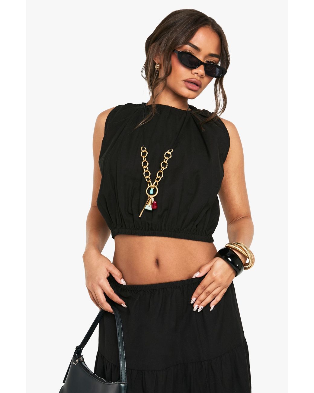 Boohoo Black Linen Puffball Sleeveless Top