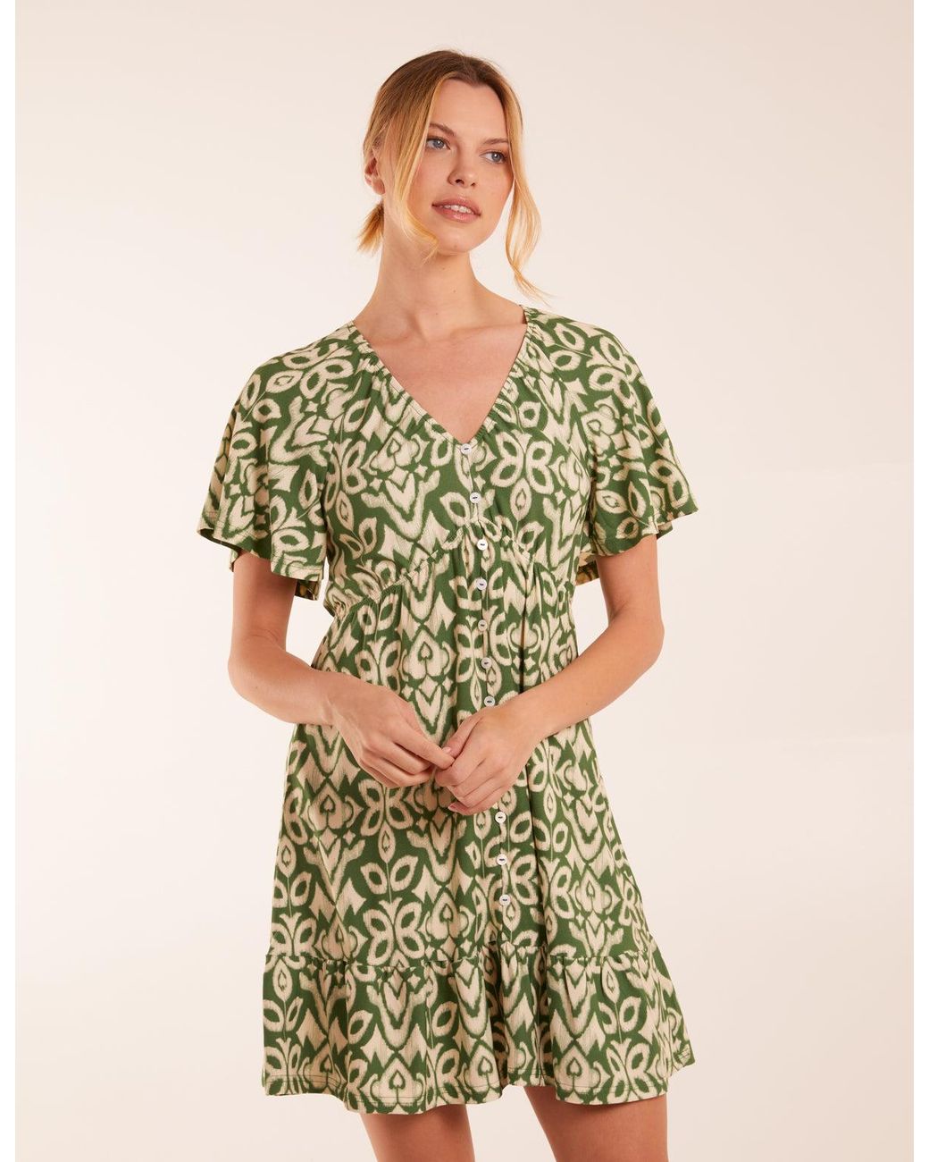 Blue Vanilla Green Button Through Elastic Waist Mini Dress