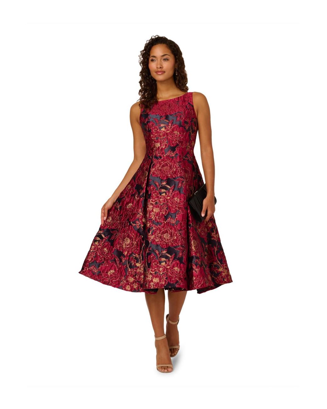 Adrianna Papell Red Boat Neck Midi Dress