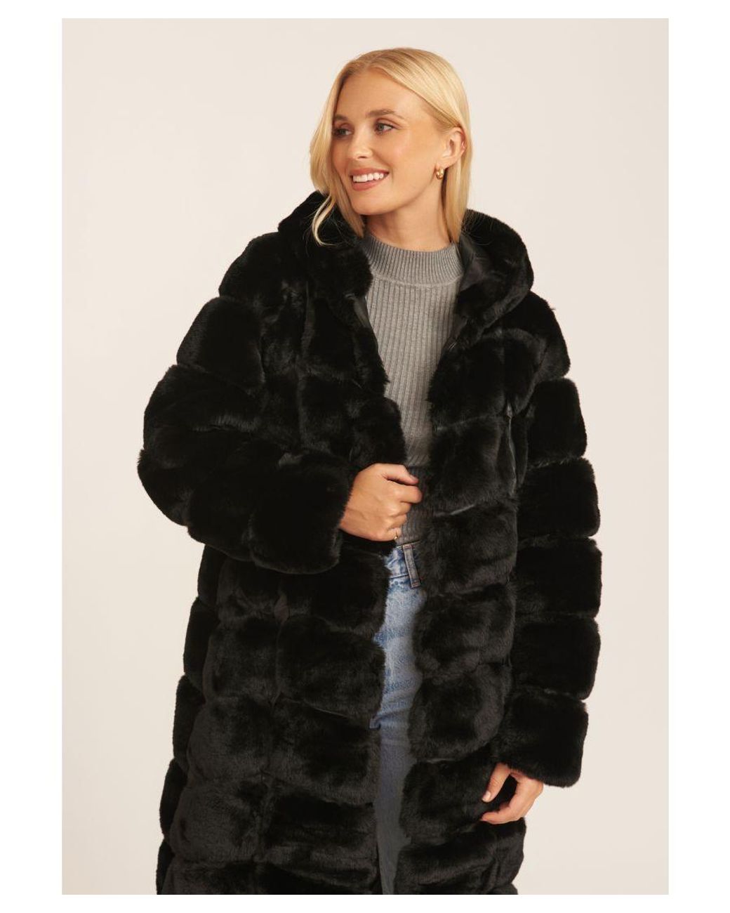Gini London Black Panelled Hooded Longline Fur Coat