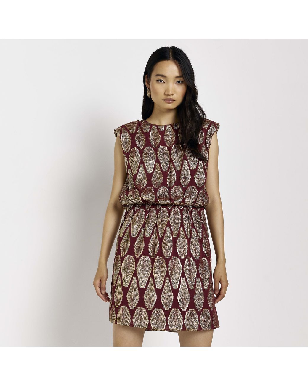 River Island Brown Mini Shift Dress Print Shoulder Pad